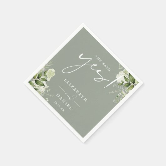 彼女はYesの緑のセージ緑の婚約パーティを言った スタンダードカクテルナプキン (角)