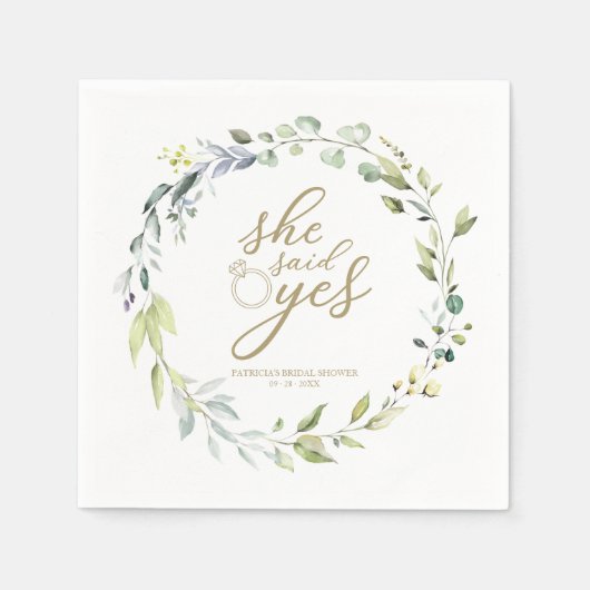 彼女はYesの緑のユーカリブライダルシャワーと言った スタンダードカクテルナプキン (正面)