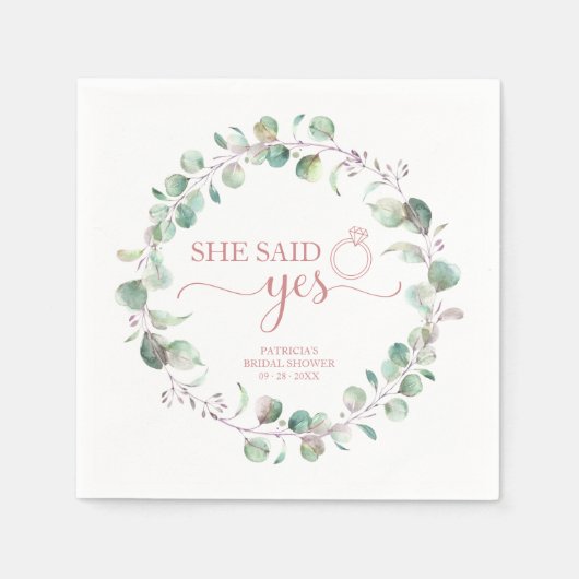 彼女はYesの緑のユーカリブライダルシャワーと言った スタンダードカクテルナプキン (正面)