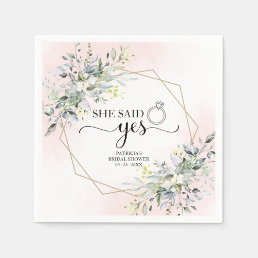 彼女はYesグリーンリー幾何学ブライダルシャワーナップと言った スタンダードカクテルナプキン (正面)