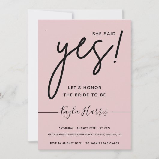 彼女はYesシンプルブライダルシャワー招待を述べた 招待状 (正面)