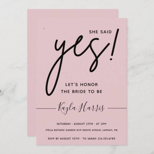彼女はYesシンプルブライダルシャワー招待を述べた 招待状 (正面/裏面)