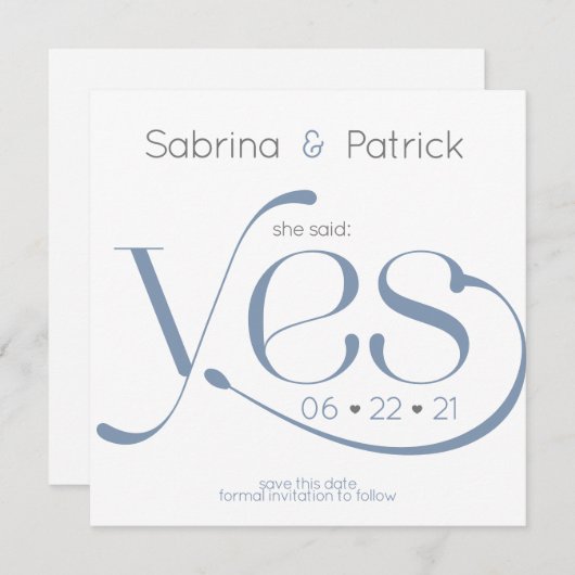 彼女はYesタイポグラフィダスティブルー日付を保存して言った 招待状 (正面/裏面)