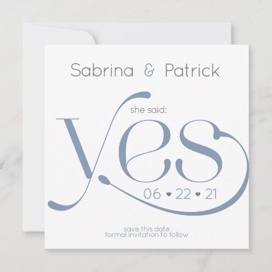 彼女はYesタイポグラフィダスティブルー日付を保存して言った 招待状 (正面)