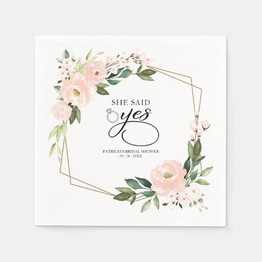 彼女はYesピンクのフローラ幾何学的ブライダルシャワーと言った スタンダードカクテルナプキン (正面)