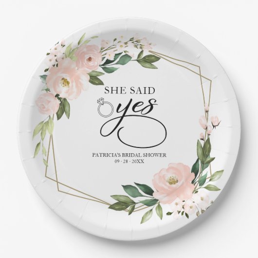 彼女はYesピンク赤面幾何学的ブライダルシャワーと言った ペーパープレート (正面)