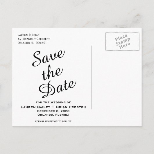 彼女はYesファンシー写真Save the Dateと言った 案内ポストカード (裏面)