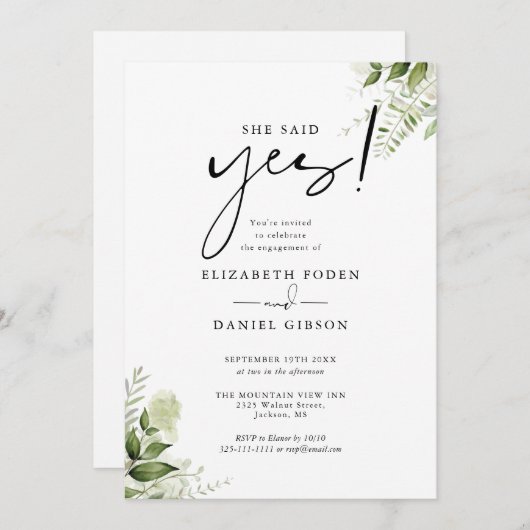 彼女はYesフローラの緑の婚約パーティを言った 招待状 (正面/裏面)