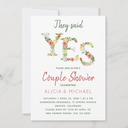 彼女はYESフローラタイポグラフィ婚約パーティ 招待状 (正面)