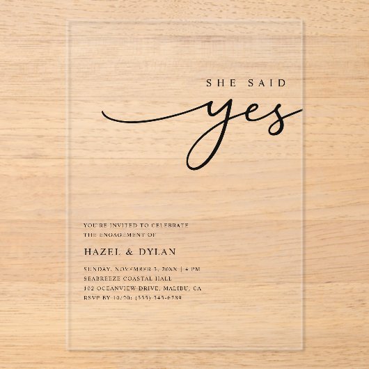 彼女はYesミニマル婚約パーティと言った澄ん アクリル招待状 (正面)