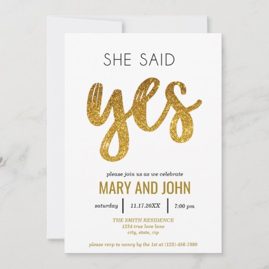 彼女はYesモダン金ゴールドグリッター婚約パーティ 招待状 (正面)