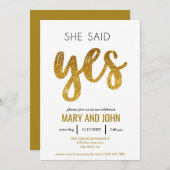 彼女はYesモダン金ゴールドグリッター婚約パーティ 招待状 (正面/裏面)