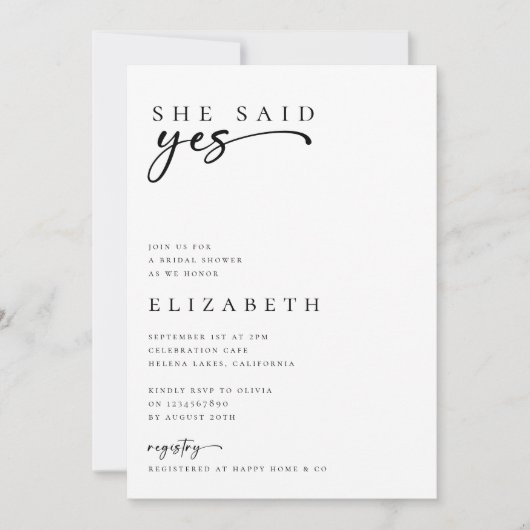 彼女はYes台本の写真ブライダルシャワーを言った 招待状 (正面)