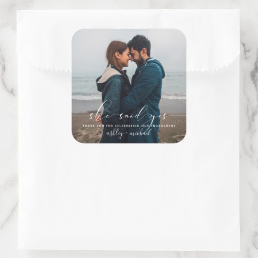 彼女はYes書道写真婚約感謝してい スクエアシール (バッグ)