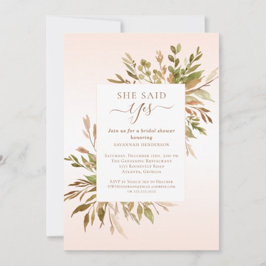 彼女はYes秋の緑のブライダルシャワーを言った 招待状 (正面)