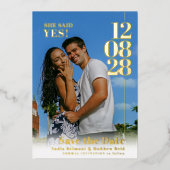 彼女はyes結婚の日付婚約の写真を言った 箔招待状 (正面)