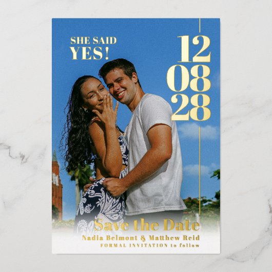 彼女はyes結婚の日付婚約の写真を言った 箔招待状 (正面)