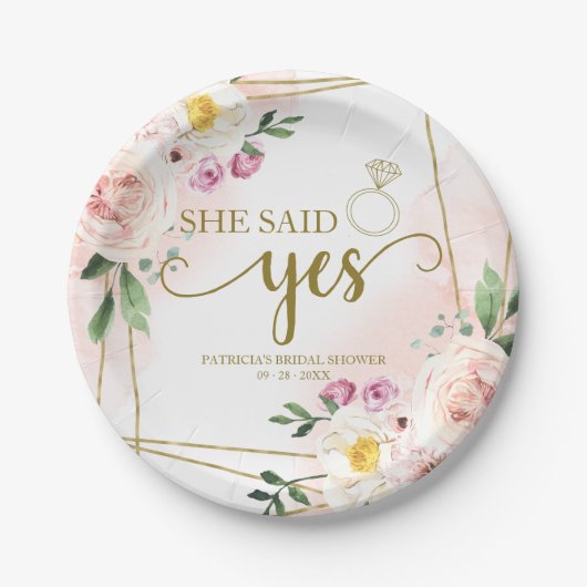 彼女はYes赤面フローラ幾何学的ブライダルシャワー ペーパープレート (正面)