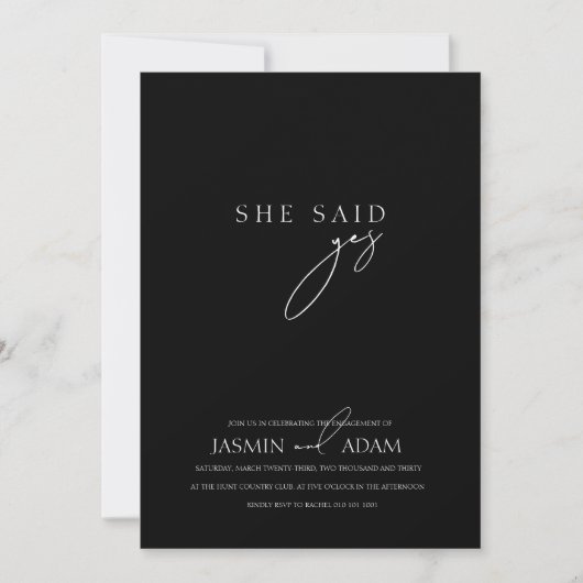 彼女はYes!ブラックシンプルのスクリプ結婚ト写真 招待状 (正面)