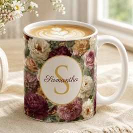 彼女へのエレガントな紫の花ギフト 名前入り コーヒーマグカップ