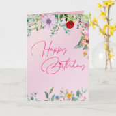 彼女へのピンクの花の誕生日カード カード (黄色い花)