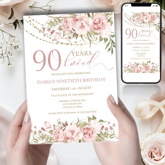彼女へのピンクの90歳の誕生日招待状 招待状