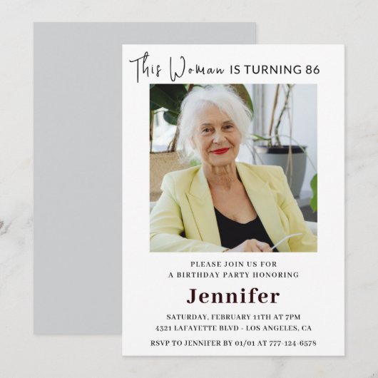 彼女へのモダンな86歳の誕生日招待状 写真入り 招待状 (正面/裏面)