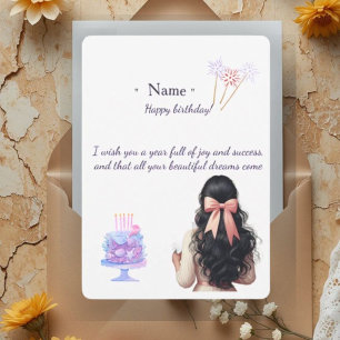 彼女への美意識バースデーカード|黒髪の女性& サンキューカード
