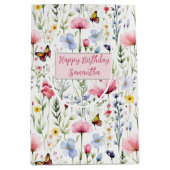 彼女への誕生日 ピンク 青 ワイルドフラワー 蝶 ミディアムペーパーバッグ (正面)