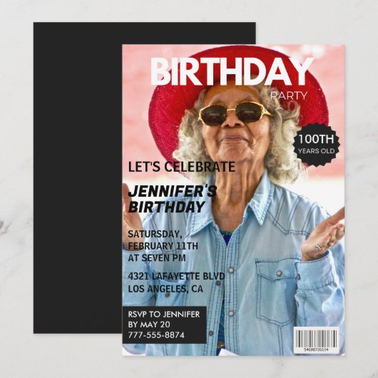 彼女への100歳の誕生日招待状 雑誌の表紙 招待状 (正面/裏面)