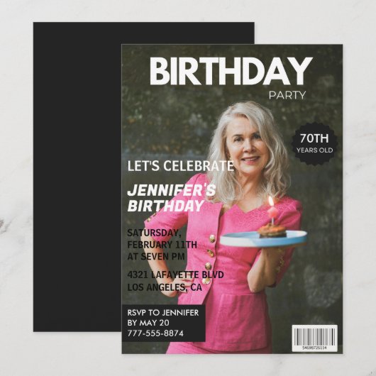 彼女への70歳の誕生日招待状 雑誌の表紙 招待状 (正面/裏面)