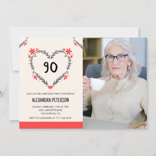 彼女への90歳の誕生日招待状 フラワーハート 招待状 (正面)