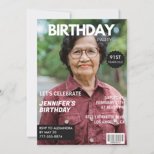 彼女への91歳の誕生日招待状 - 雑誌の写真 招待状 (正面)