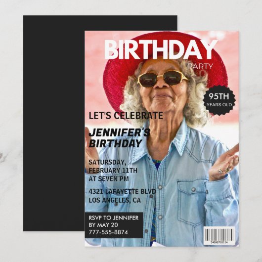彼女への95歳の誕生日招待状 - 雑誌の表紙 招待状 (正面/裏面)