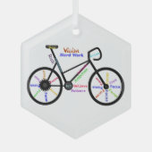 彼女やる気を起こさせるのためのバイクもしくは自転車に乗る人の自転車の言葉 ガラスオーナメント (正面)