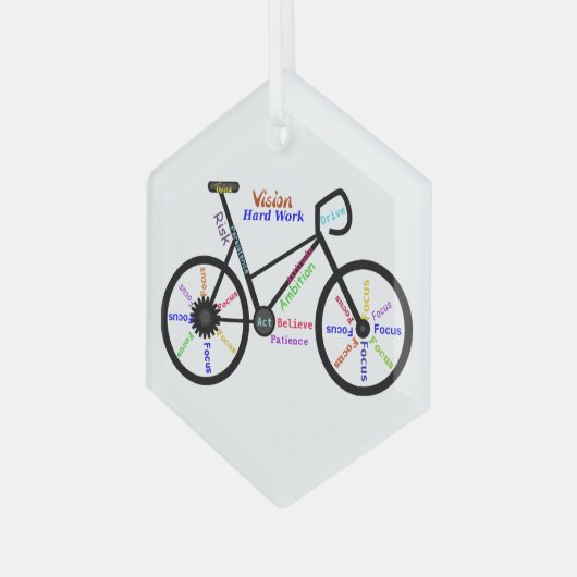 彼女やる気を起こさせるのためのバイクもしくは自転車に乗る人の自転車の言葉 ガラスオーナメント (正面左)