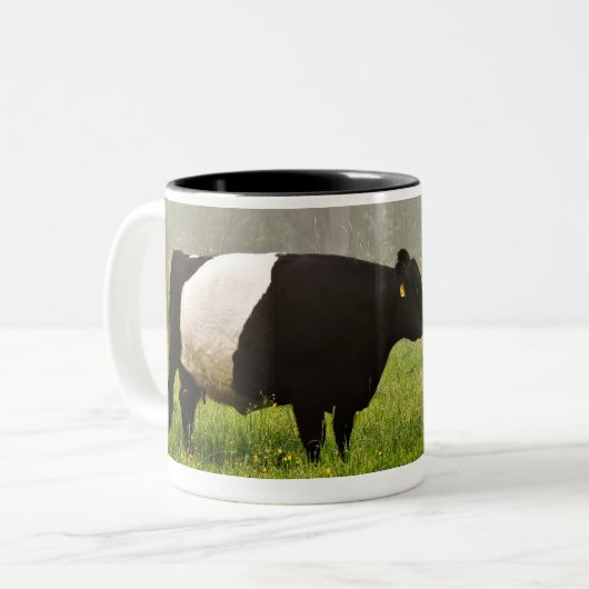 彼女を生み出しているギャロウェーベルトを付けられた牛の霧深い場面 ツートーンマグカップ (正面左)