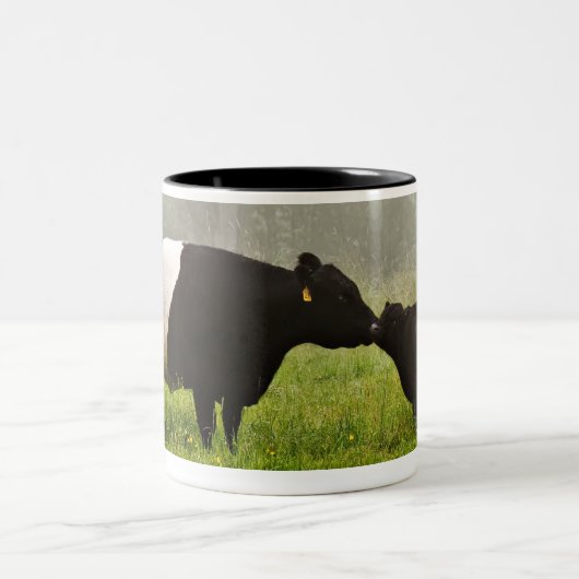 彼女を生み出しているギャロウェーベルトを付けられた牛の霧深い場面 ツートーンマグカップ (中央)