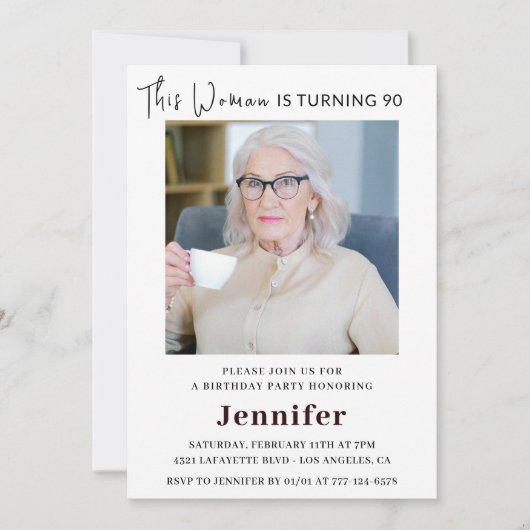彼女エレガントの写真の90歳の誕生日招待状 招待状 (正面)