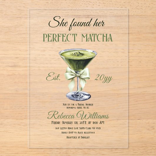 彼女エレガントは完璧な抹茶ブライダルシャワーを見つけた アクリル招待状 (正面)