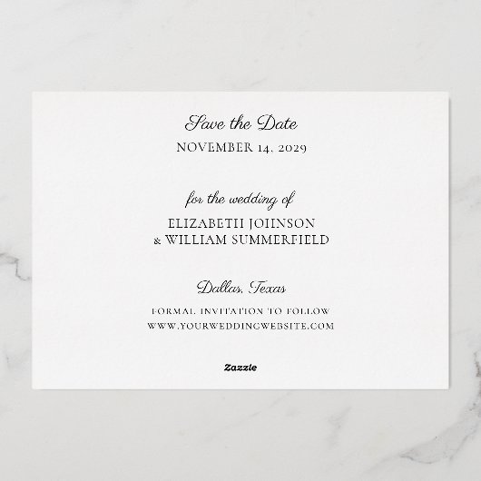 彼女エレガントはYesは日付カードを保存すると述べた 箔招待状 (裏面)