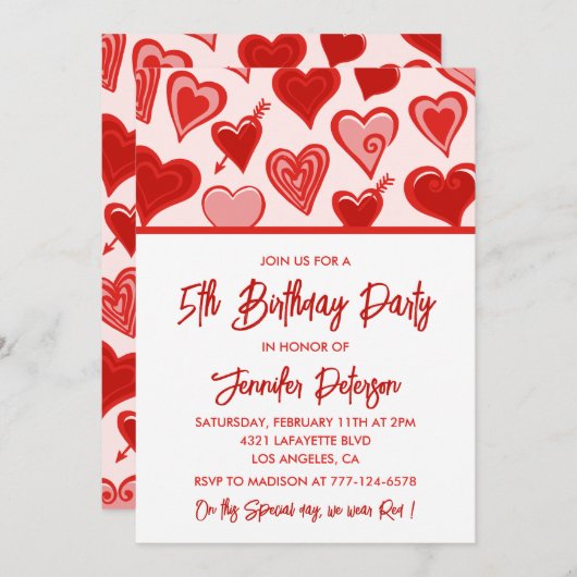 彼女シンプルのハートのための5歳の誕生日招待状 招待状 (正面/裏面)