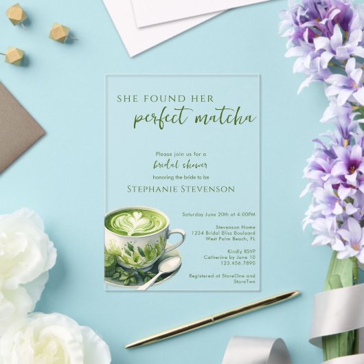 彼女シンプルは完璧な抹茶ブライダルシャワーを見つけた アクリル招待状 (インサイチュ (ウェディング))