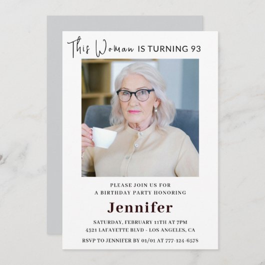 彼女モダンの写真の93歳の誕生日招待状 招待状 (正面/裏面)