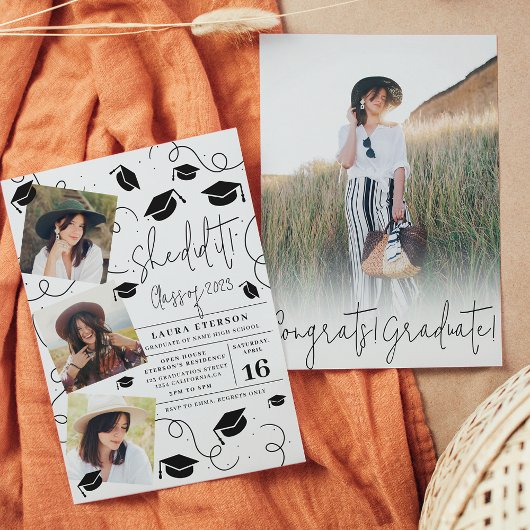 彼女モダンは白黒の写真卒業を行った 招待状