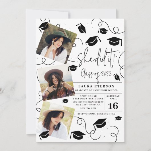 彼女モダンは白黒の写真卒業を行った 招待状 (正面)