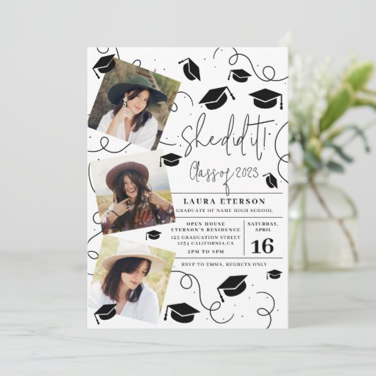 彼女モダンは白黒の写真卒業を行った 招待状 (スタンド正面)