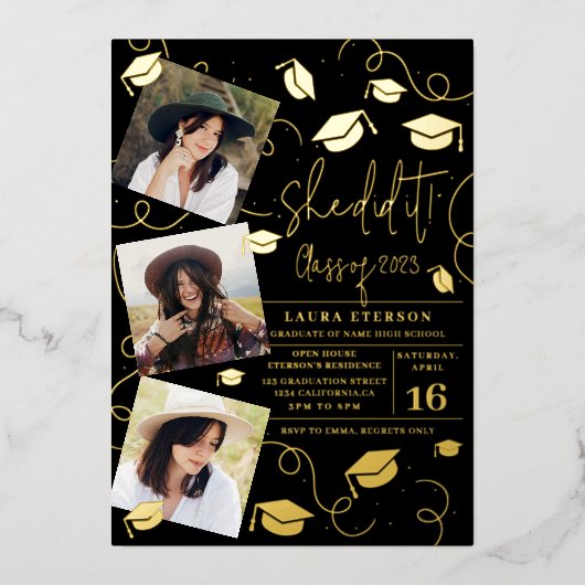 彼女モダンは黒いシックな写真卒業を行った 箔招待状 (正面)