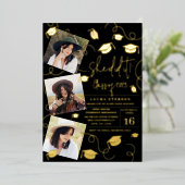 彼女モダンは黒いシックな写真卒業を行った 箔招待状 (立ち正面)