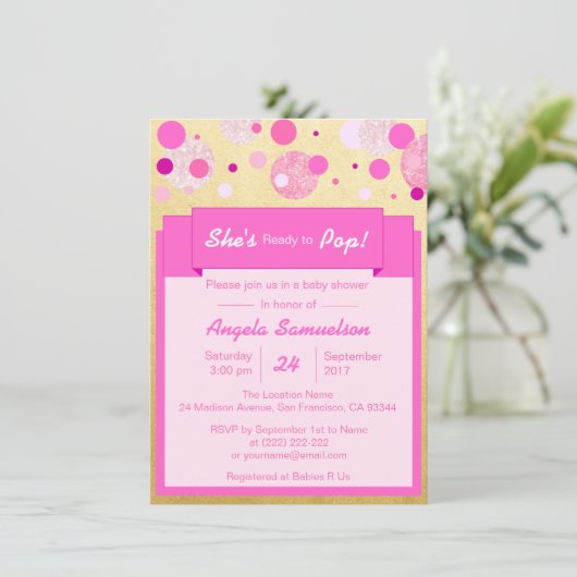 彼女ユニークはピンクの金ゴールドの赤んポップ・アートのだシャワーの準備ができている 招待状 (スタンド正面)